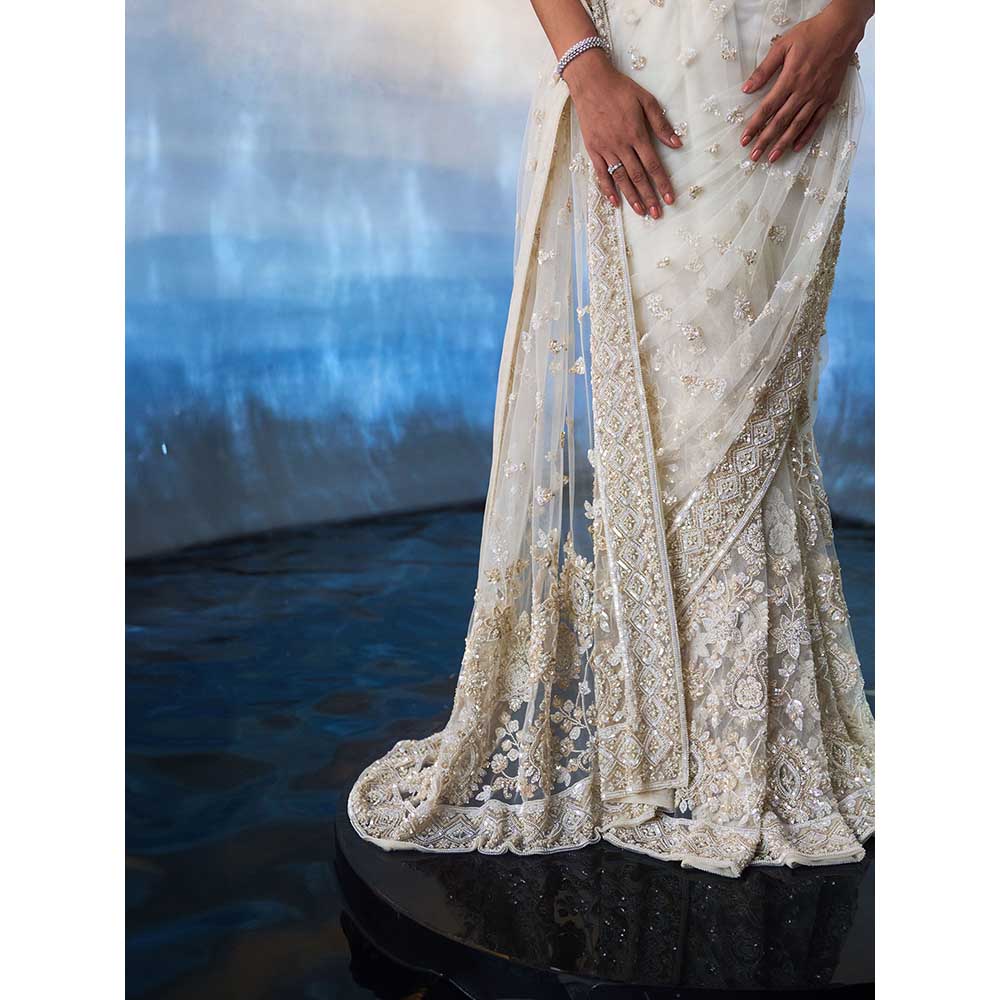 ANGAD SINGH Ivory Net Saree with Stitched Blouse and Petticoat