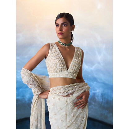 ANGAD SINGH Ivory Net Saree with Stitched Blouse and Petticoat