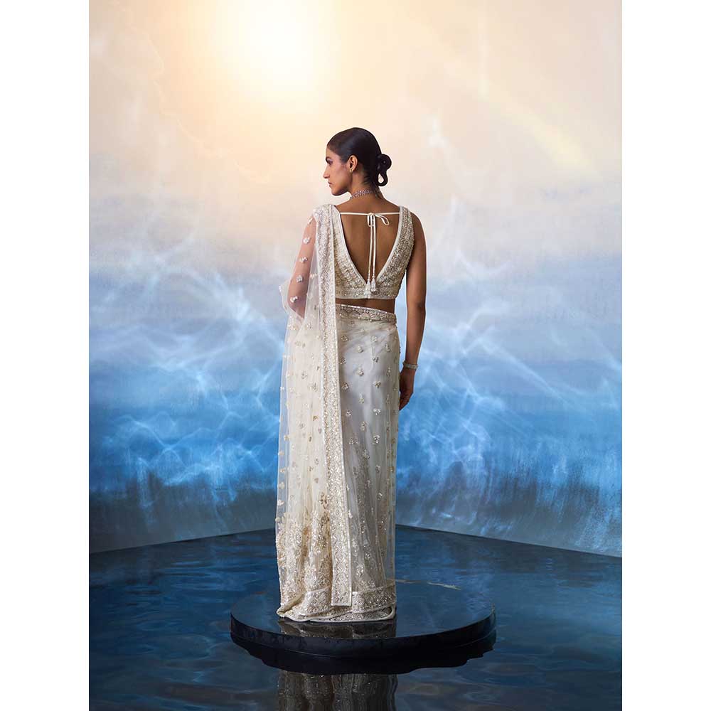ANGAD SINGH Ivory Net Saree with Stitched Blouse and Petticoat