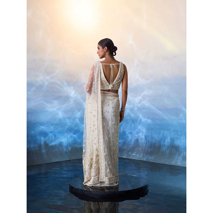 ANGAD SINGH Ivory Net Saree with Stitched Blouse and Petticoat