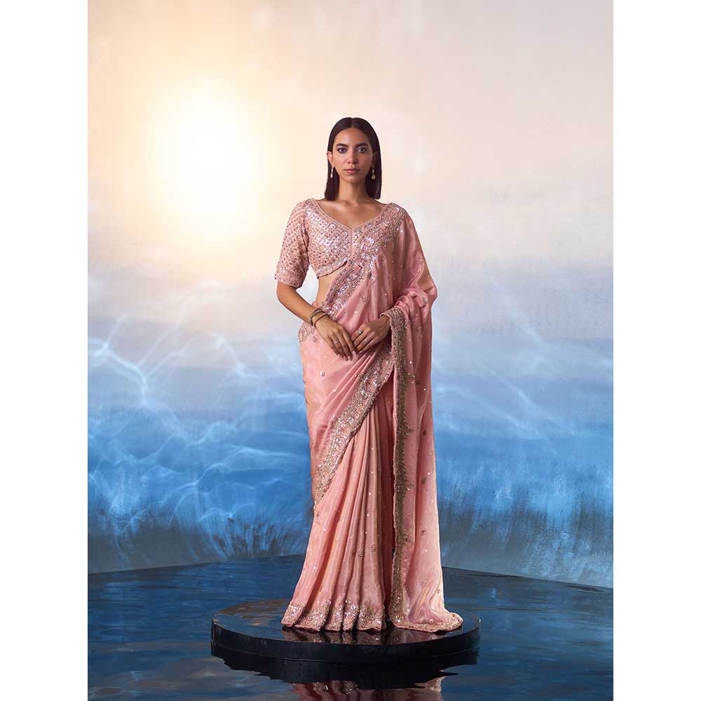 ANGAD SINGH Peach Tissue Saree with Stitched Blouse and Petticoat