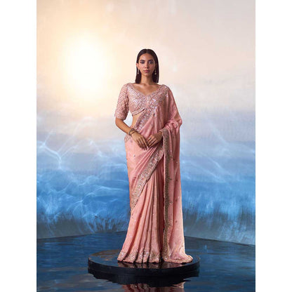 ANGAD SINGH Peach Tissue Saree with Stitched Blouse and Petticoat