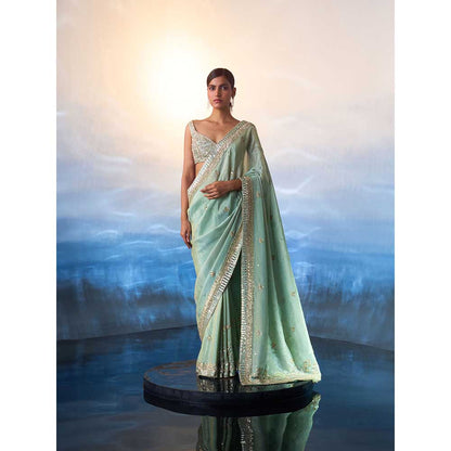 ANGAD SINGH Seafoam Green Tissue Saree with Stitched Blouse and Petticoat