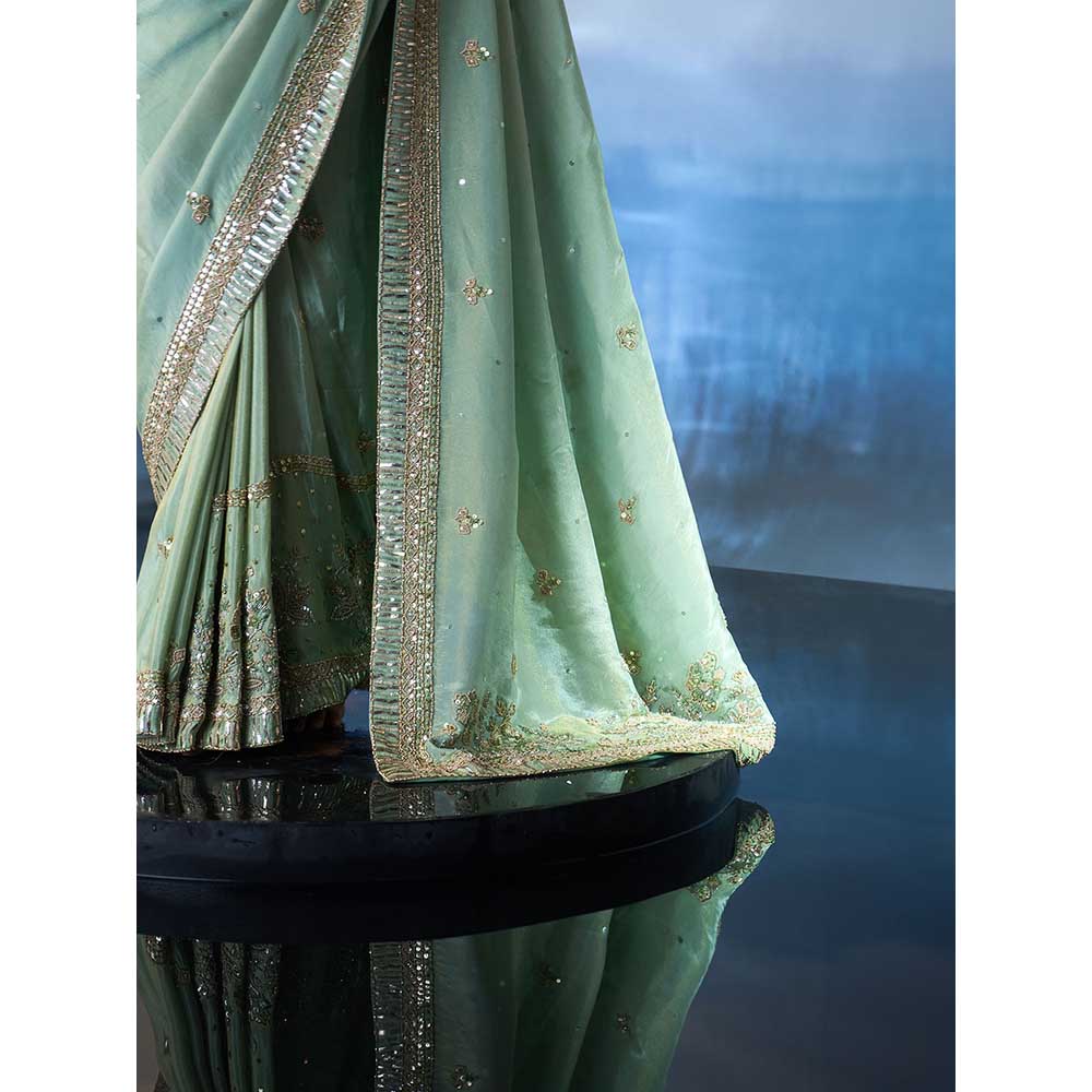 ANGAD SINGH Seafoam Green Tissue Saree with Stitched Blouse and Petticoat