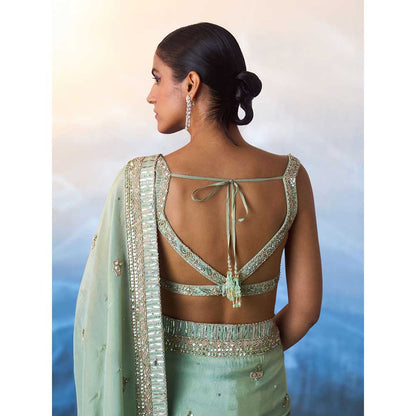 ANGAD SINGH Seafoam Green Tissue Saree with Stitched Blouse and Petticoat