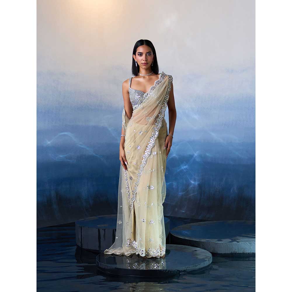 ANGAD SINGH Gold Net Saree with Stitched Blouse and Petticoat