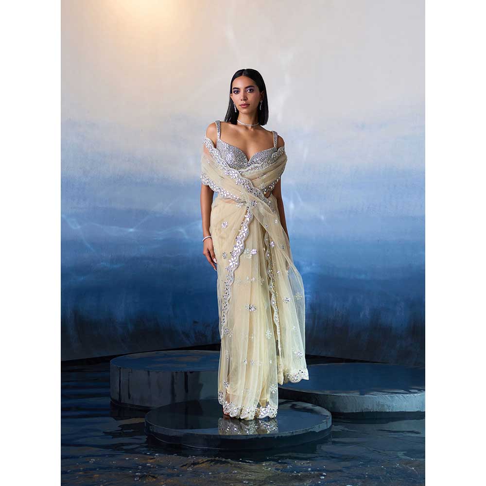 ANGAD SINGH Gold Net Saree with Stitched Blouse and Petticoat