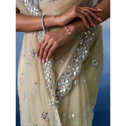 ANGAD SINGH Gold Net Saree with Stitched Blouse and Petticoat