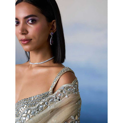 ANGAD SINGH Gold Net Saree with Stitched Blouse and Petticoat