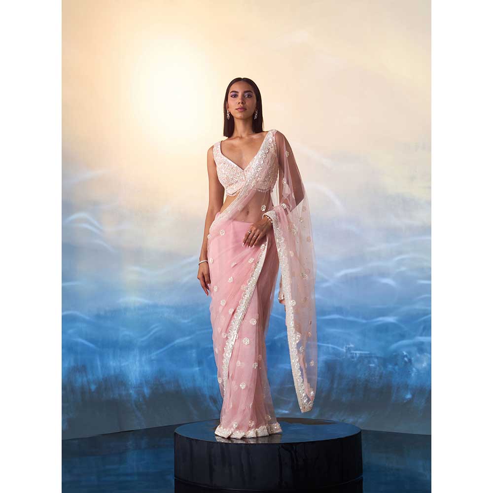 ANGAD SINGH Blush Pink Net Saree with Stitched Blouse and Petticoat