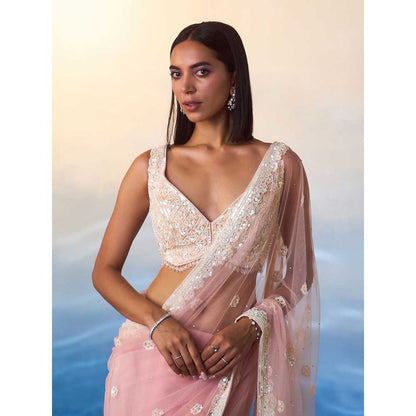 ANGAD SINGH Blush Pink Net Saree with Stitched Blouse and Petticoat