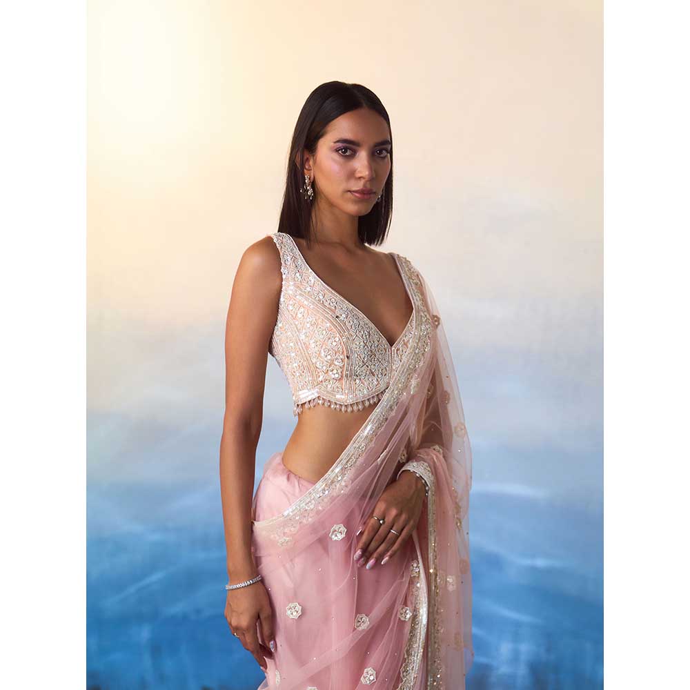 ANGAD SINGH Blush Pink Net Saree with Stitched Blouse and Petticoat