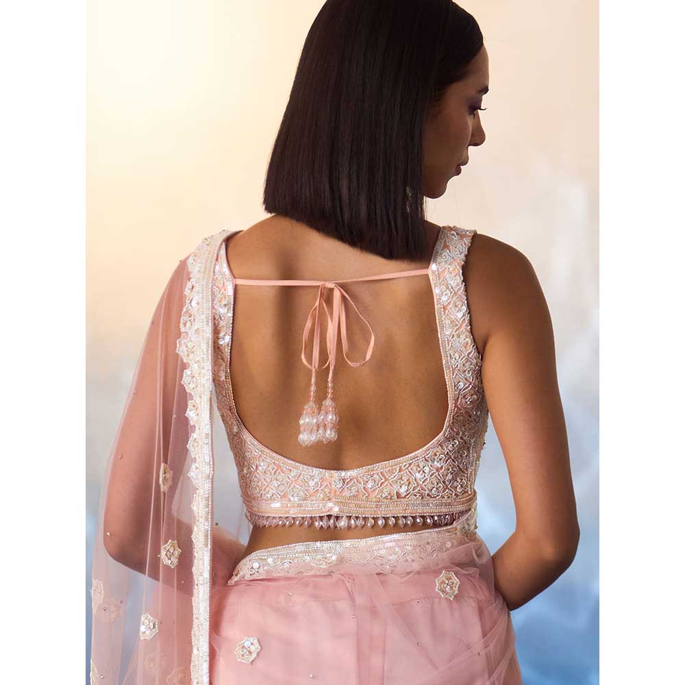 ANGAD SINGH Blush Pink Net Saree with Stitched Blouse and Petticoat