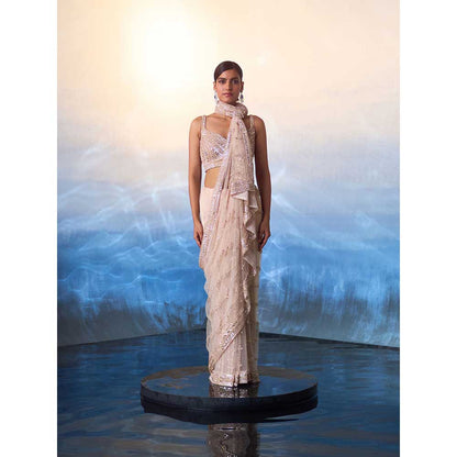 ANGAD SINGH Rose Gold Net Saree with Stitched Blouse and Petticoat