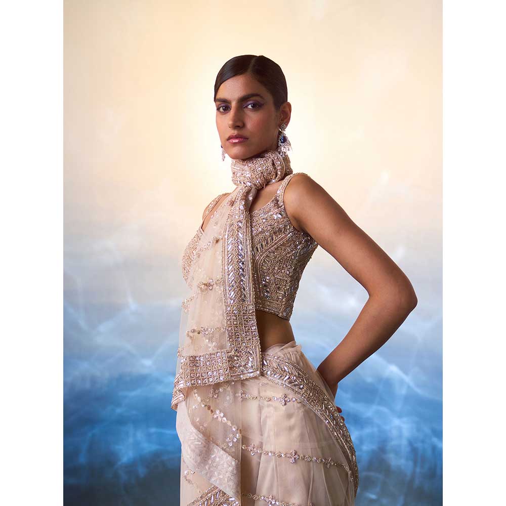 ANGAD SINGH Rose Gold Net Saree with Stitched Blouse and Petticoat