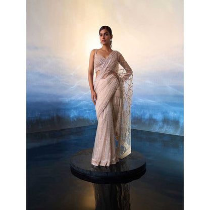 ANGAD SINGH Rose Gold Net Saree with Stitched Blouse and Petticoat