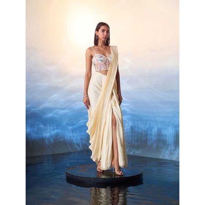 ANGAD SINGH Champagne Silk Drape Saree with Stitched Blouse