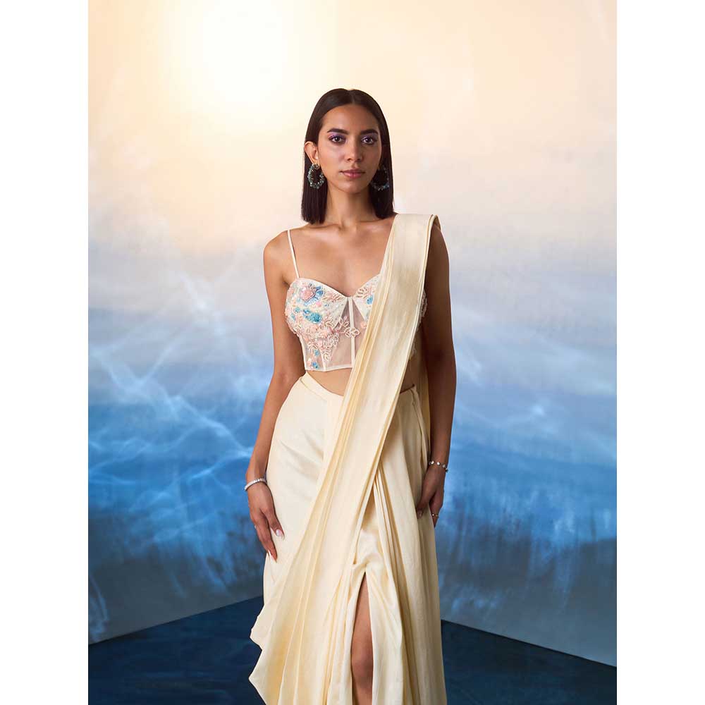 ANGAD SINGH Champagne Silk Drape Saree with Stitched Blouse