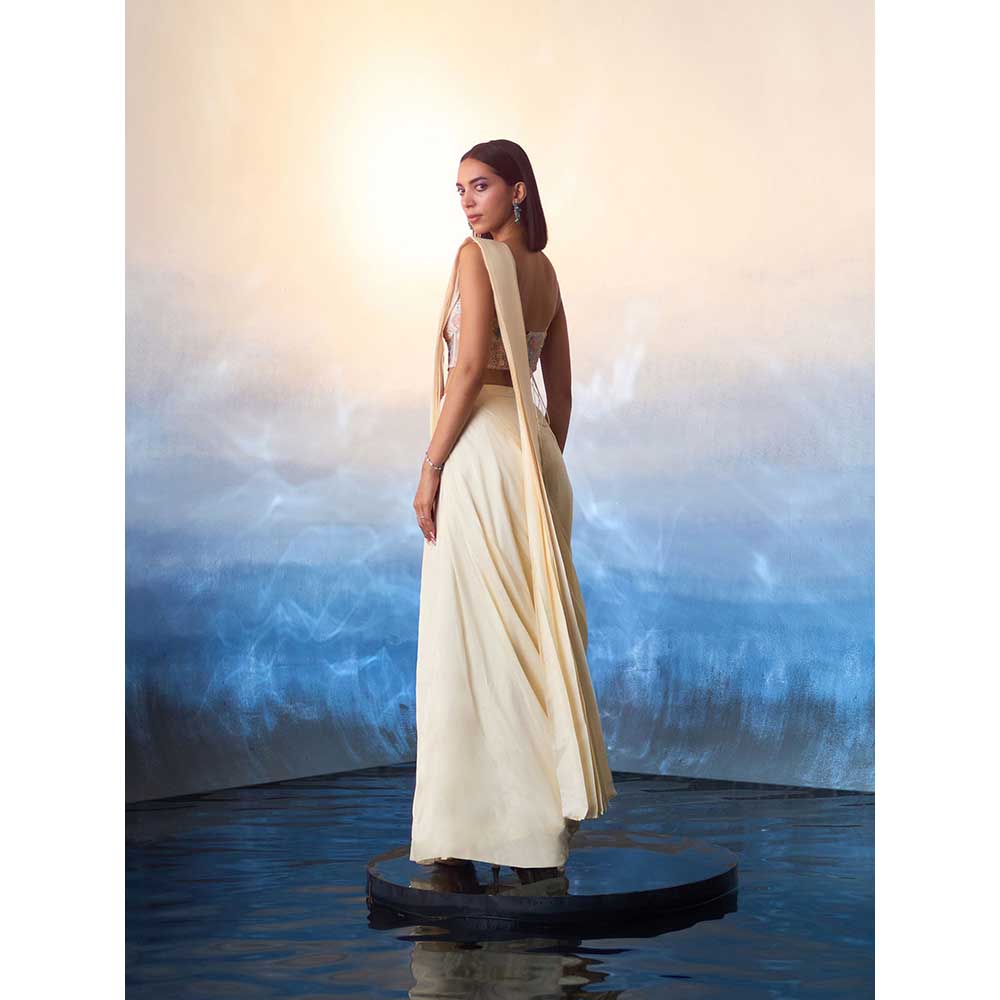 ANGAD SINGH Champagne Silk Drape Saree with Stitched Blouse