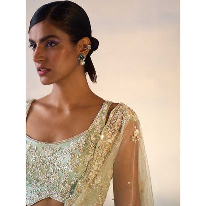 ANGAD SINGH Ice Blue Net Saree with Stitched Blouse and Petticoat