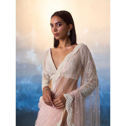 ANGAD SINGH Light Peach Net Saree with Stitched Blouse and Petticoat