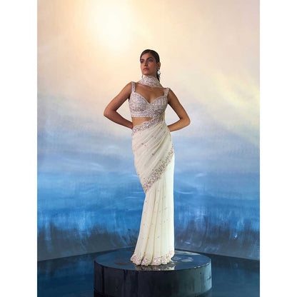 ANGAD SINGH Ivory Gear Saree with Stitched Blouse and Petticoat