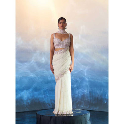 ANGAD SINGH Ivory Gear Saree with Stitched Blouse and Petticoat