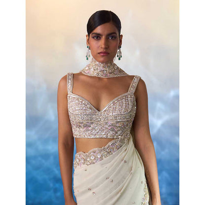 ANGAD SINGH Ivory Gear Saree with Stitched Blouse and Petticoat
