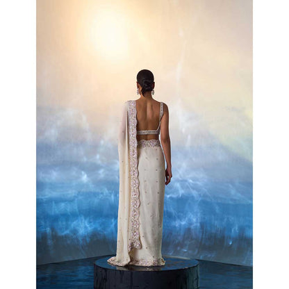 ANGAD SINGH Ivory Gear Saree with Stitched Blouse and Petticoat