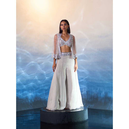 ANGAD SINGH Grey Organza Top with Cape and Sharara (Set of 3)