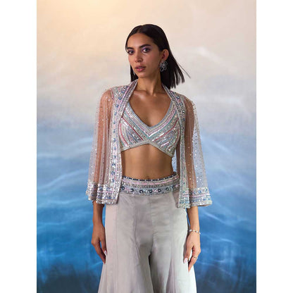 ANGAD SINGH Grey Organza Top with Cape and Sharara (Set of 3)