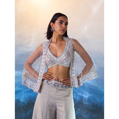 ANGAD SINGH Grey Organza Top with Cape and Sharara (Set of 3)
