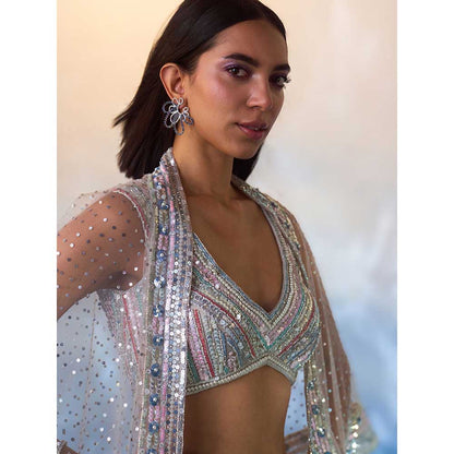 ANGAD SINGH Grey Organza Top with Cape and Sharara (Set of 3)