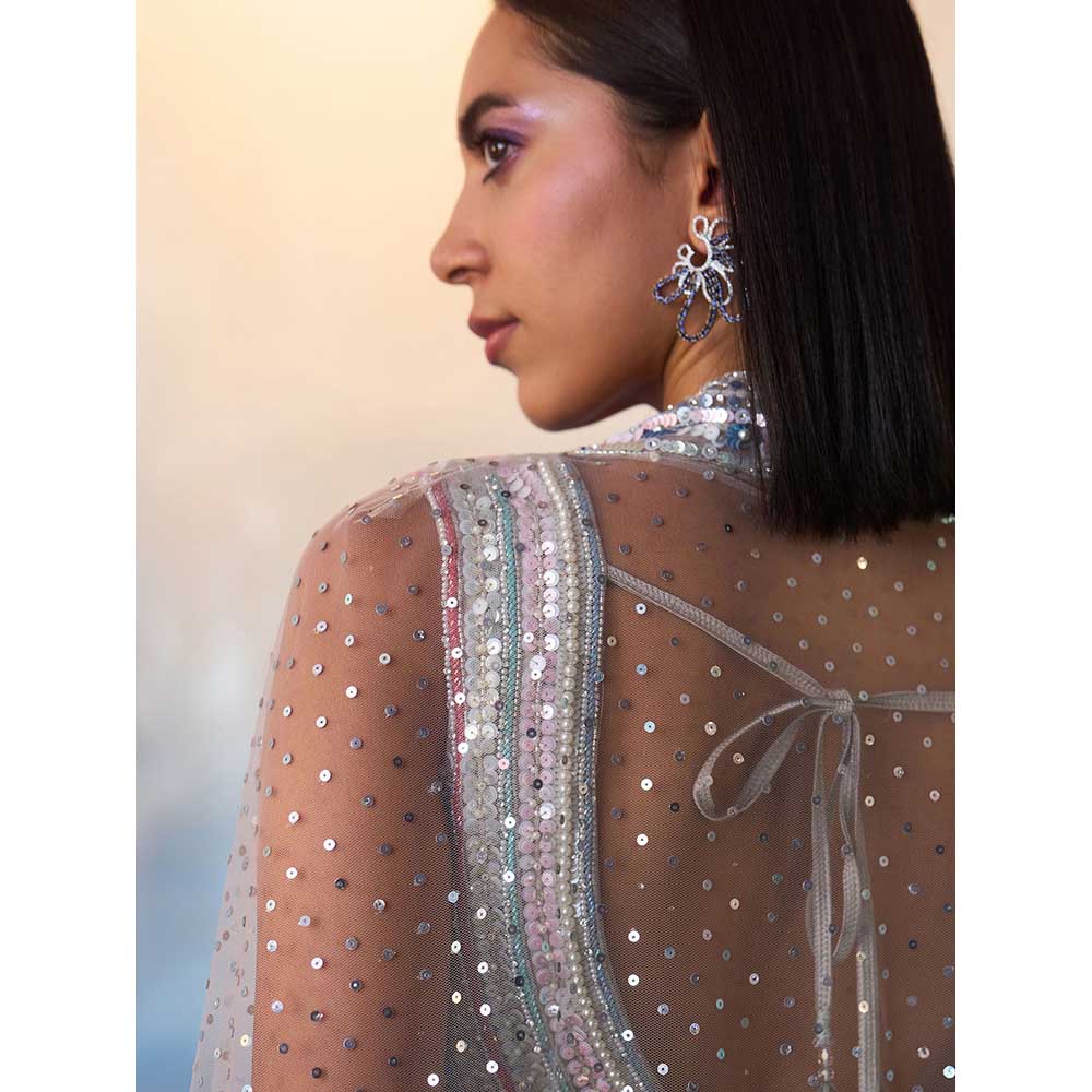 ANGAD SINGH Grey Organza Top with Cape and Sharara (Set of 3)