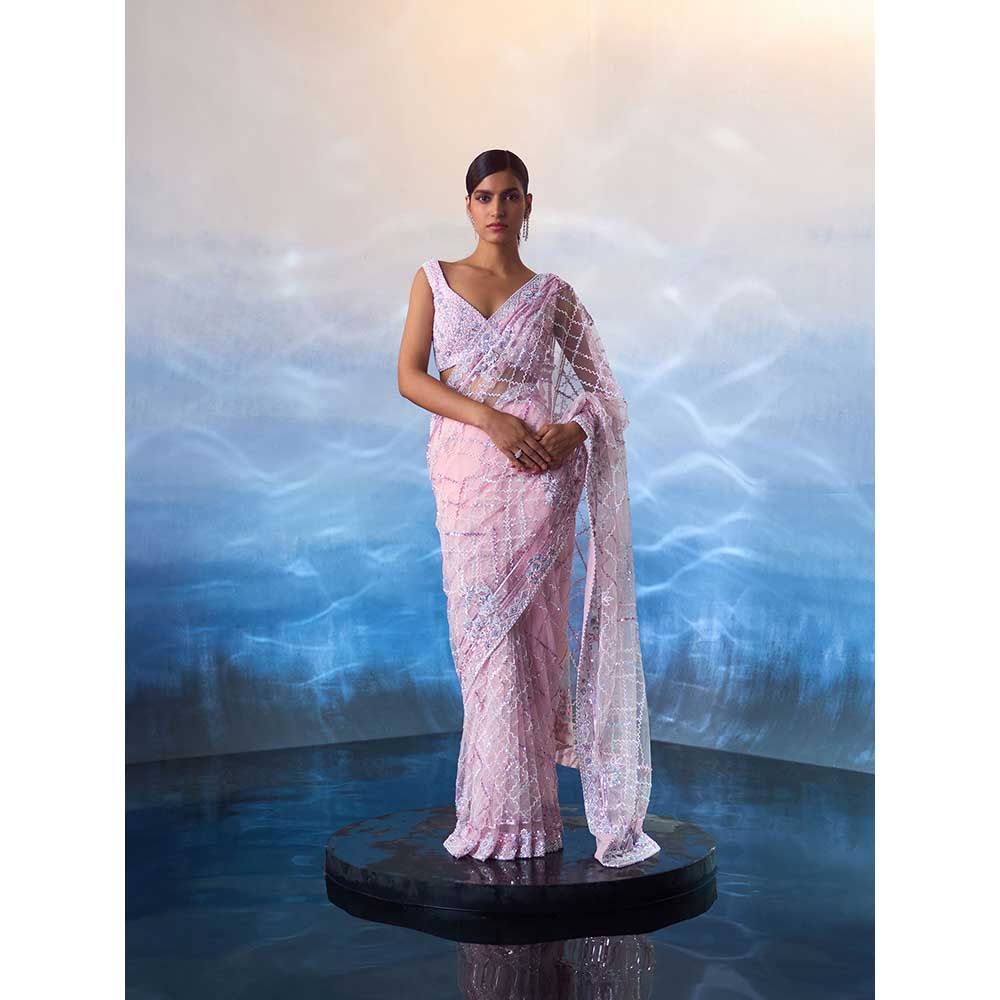 ANGAD SINGH Blush Pink Net Saree with Stitched Blouse and Petticoat