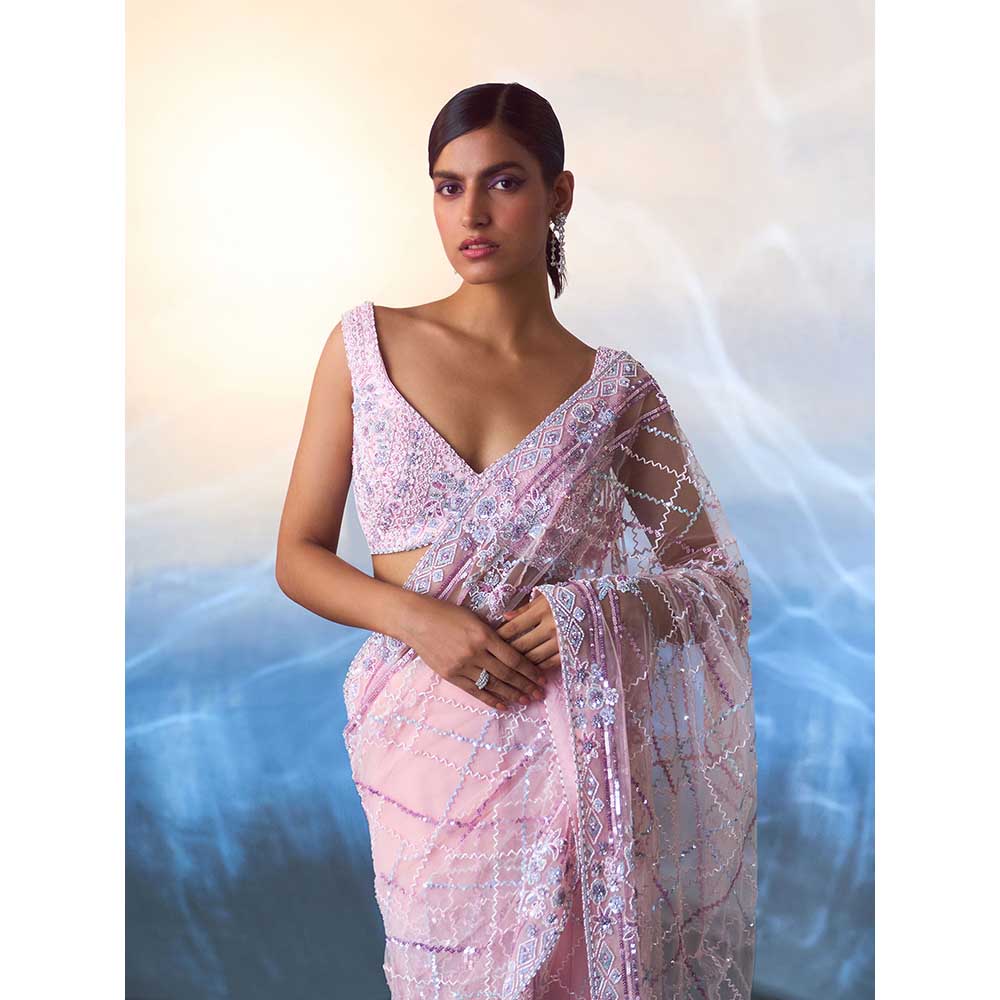 ANGAD SINGH Blush Pink Net Saree with Stitched Blouse and Petticoat
