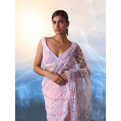 ANGAD SINGH Blush Pink Net Saree with Stitched Blouse and Petticoat