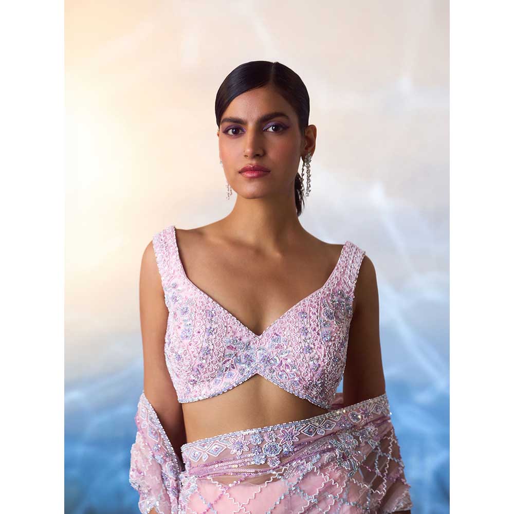 ANGAD SINGH Blush Pink Net Saree with Stitched Blouse and Petticoat