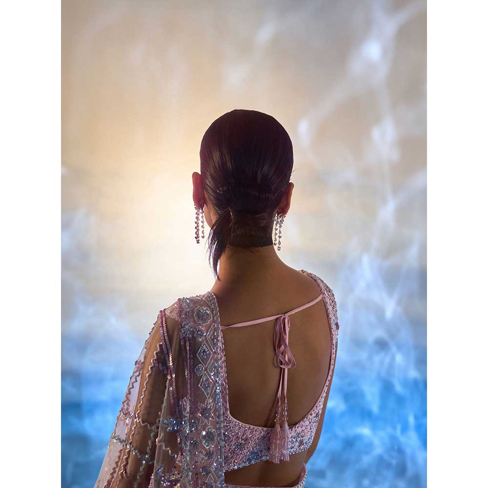 ANGAD SINGH Blush Pink Net Saree with Stitched Blouse and Petticoat