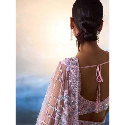 ANGAD SINGH Blush Pink Net Saree with Stitched Blouse and Petticoat