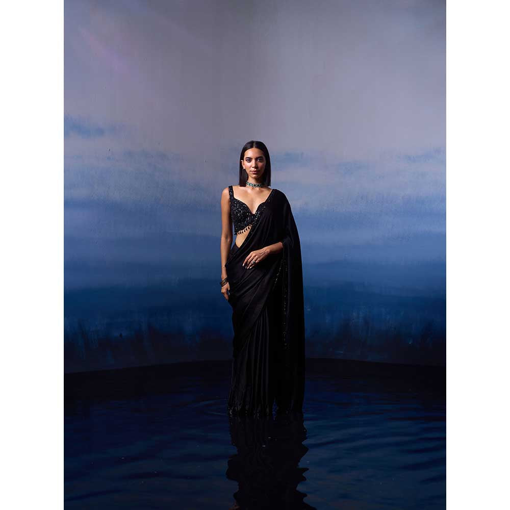 ANGAD SINGH Black Satin Saree with Stitched Blouse and Petticoat