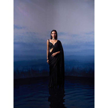 ANGAD SINGH Black Satin Saree with Stitched Blouse and Petticoat