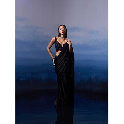 ANGAD SINGH Black Satin Saree with Stitched Blouse and Petticoat