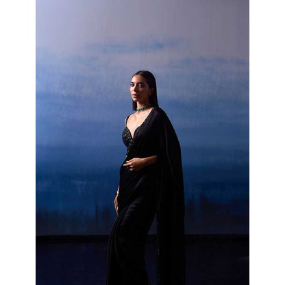 ANGAD SINGH Black Satin Saree with Stitched Blouse and Petticoat