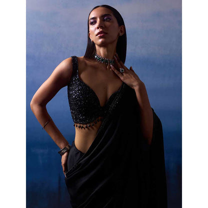 ANGAD SINGH Black Satin Saree with Stitched Blouse and Petticoat