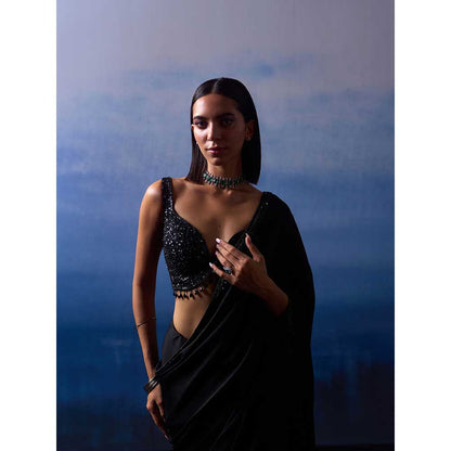 ANGAD SINGH Black Satin Saree with Stitched Blouse and Petticoat