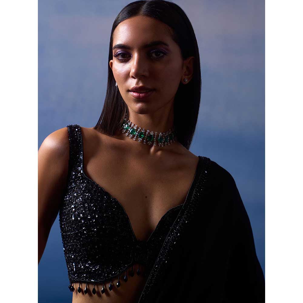 ANGAD SINGH Black Satin Saree with Stitched Blouse and Petticoat