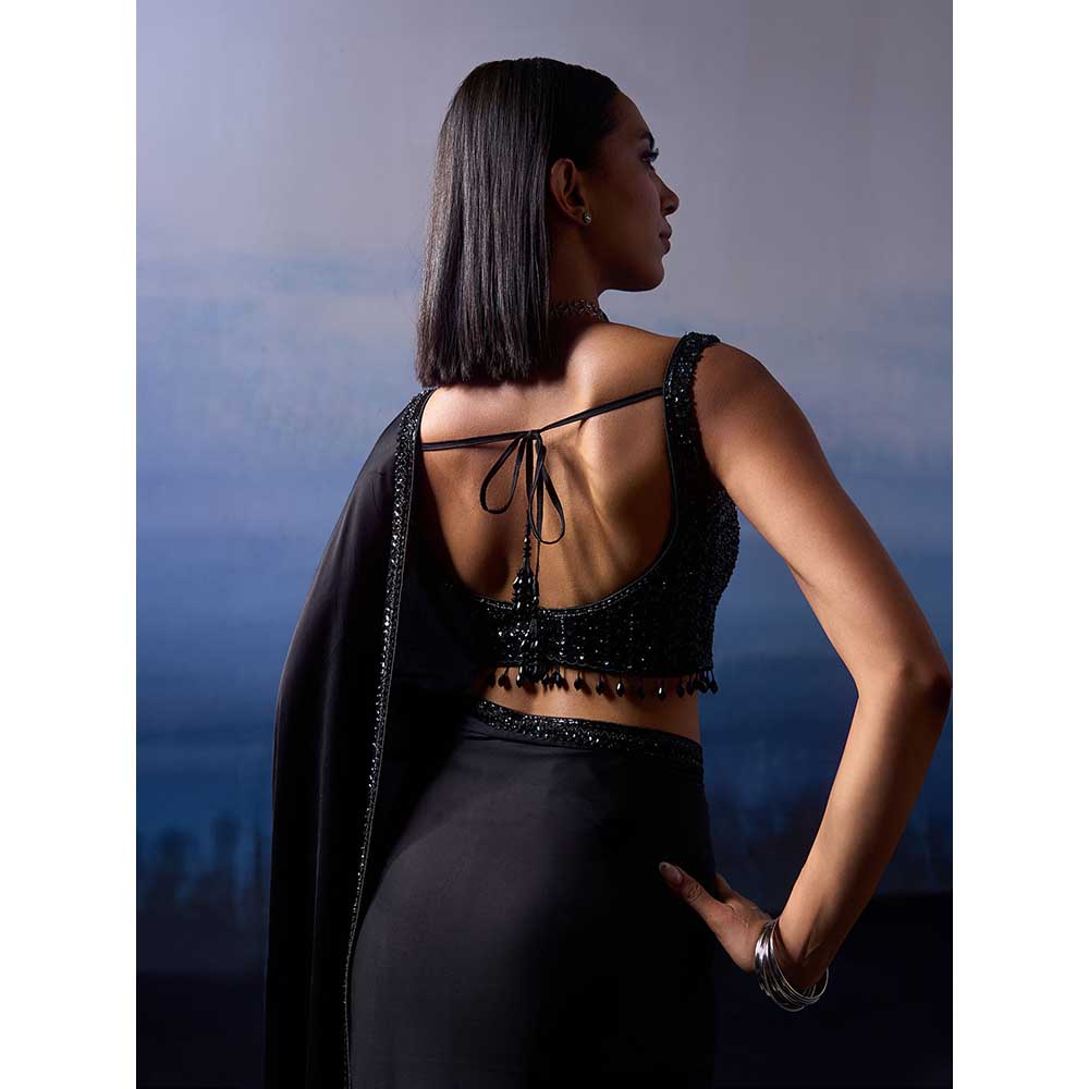 ANGAD SINGH Black Satin Saree with Stitched Blouse and Petticoat