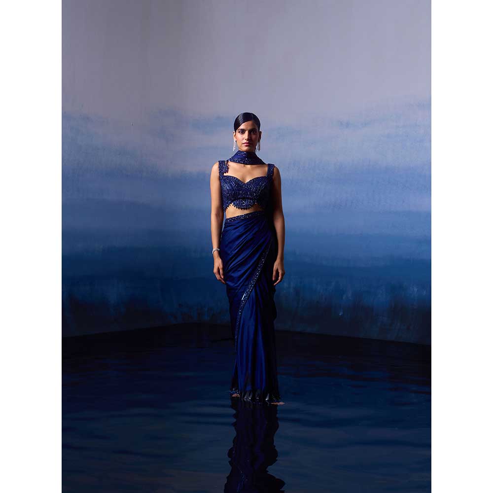 ANGAD SINGH Midnight Blue Satin Saree with Stitched Blouse and Petticoat