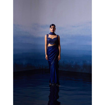 ANGAD SINGH Midnight Blue Satin Saree with Stitched Blouse and Petticoat